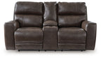 Dark brown power reclining loveseat with padded backrests and wide armrests