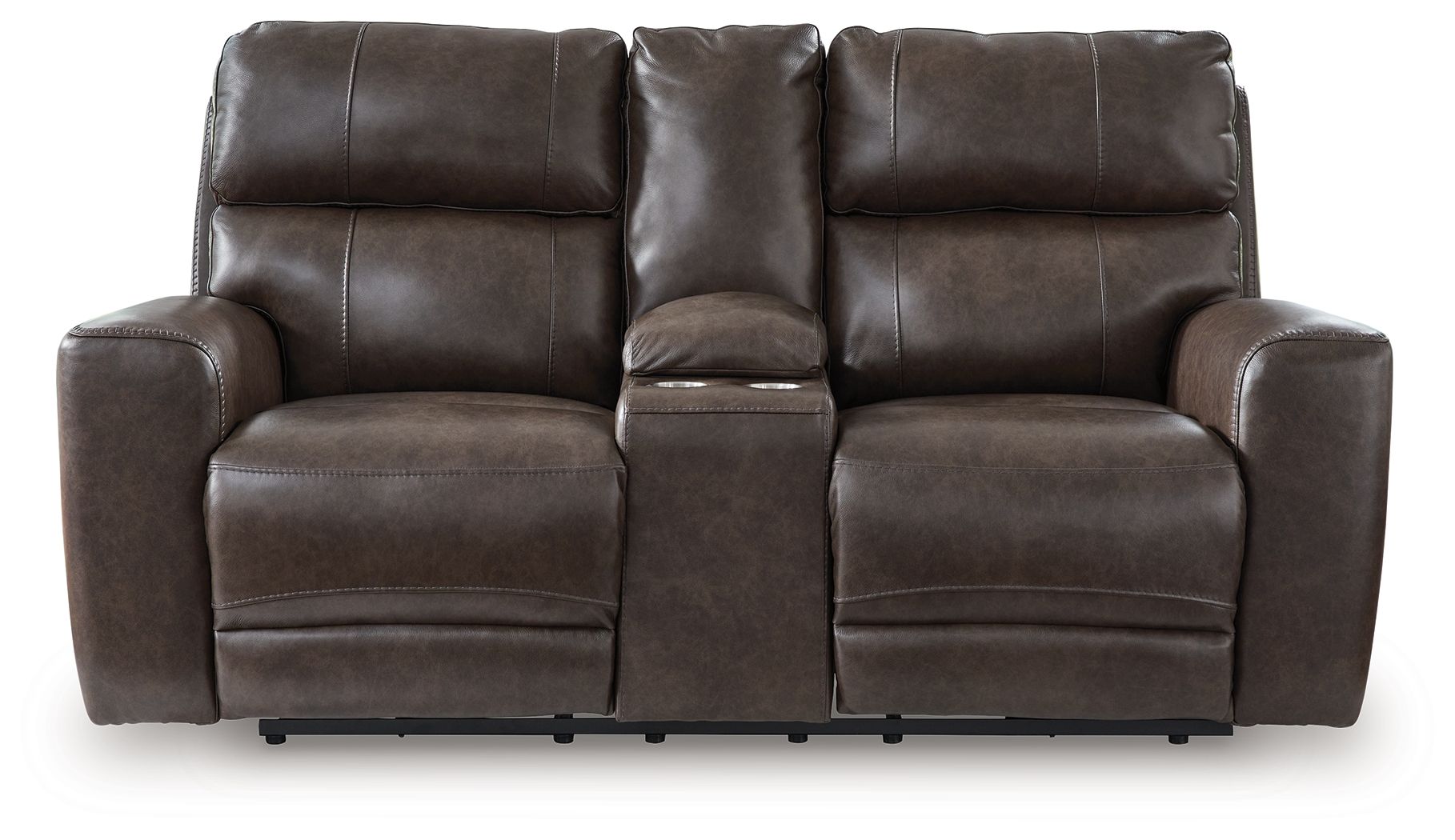 Dark brown power reclining loveseat with padded backrests and wide armrests