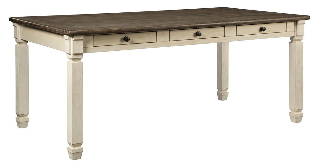 Rectangular dining table with dark wood top and beige frame with drawer fronts