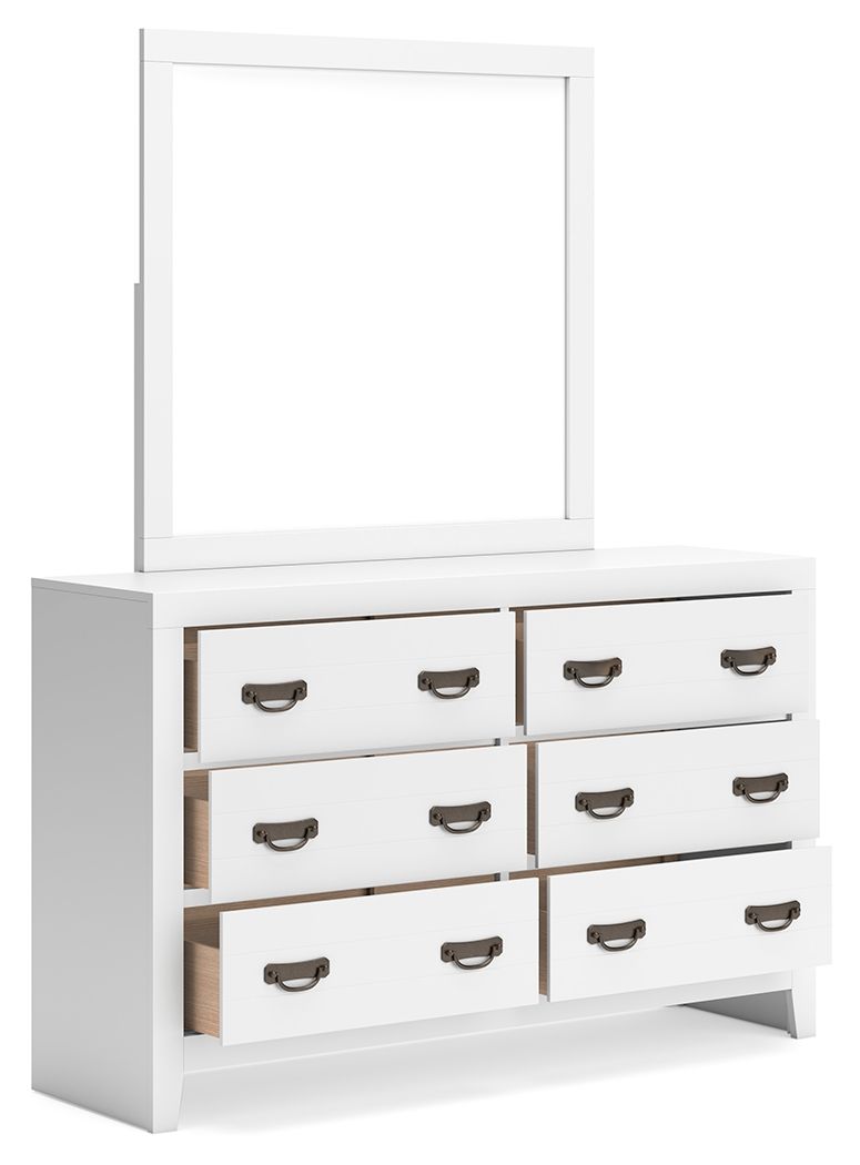 White dresser with attached rectangular mirror, six drawers, and bronze cup handles