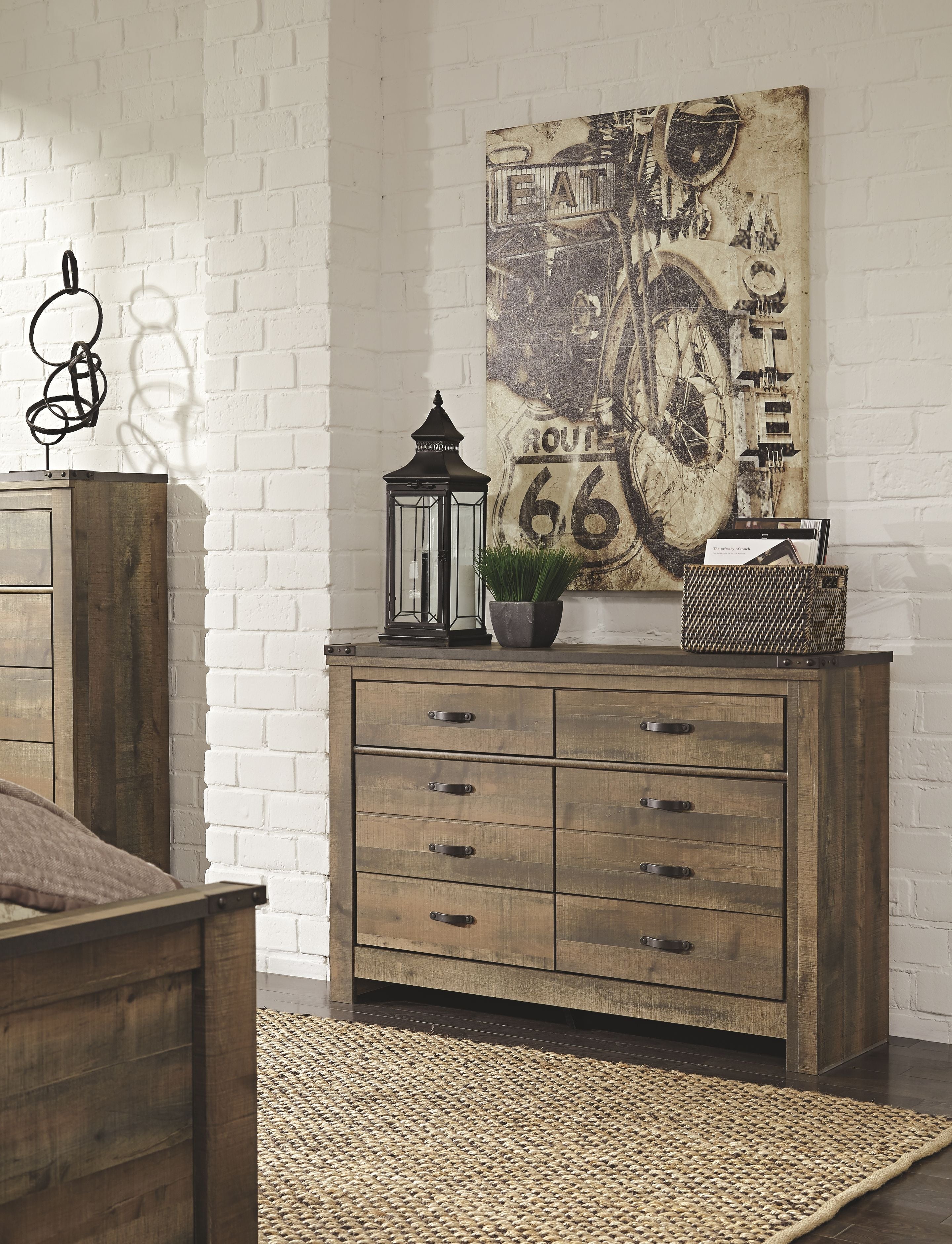 Dark brown six-drawer dresser with metal bar pulls and two top drawers