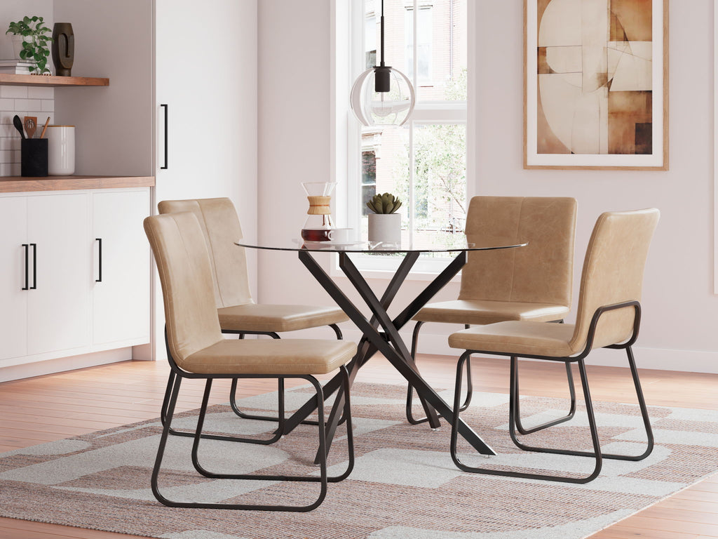 Dining table with round glass top and four beige upholstered chairs