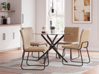 Dining table with round glass top and four beige upholstered chairs