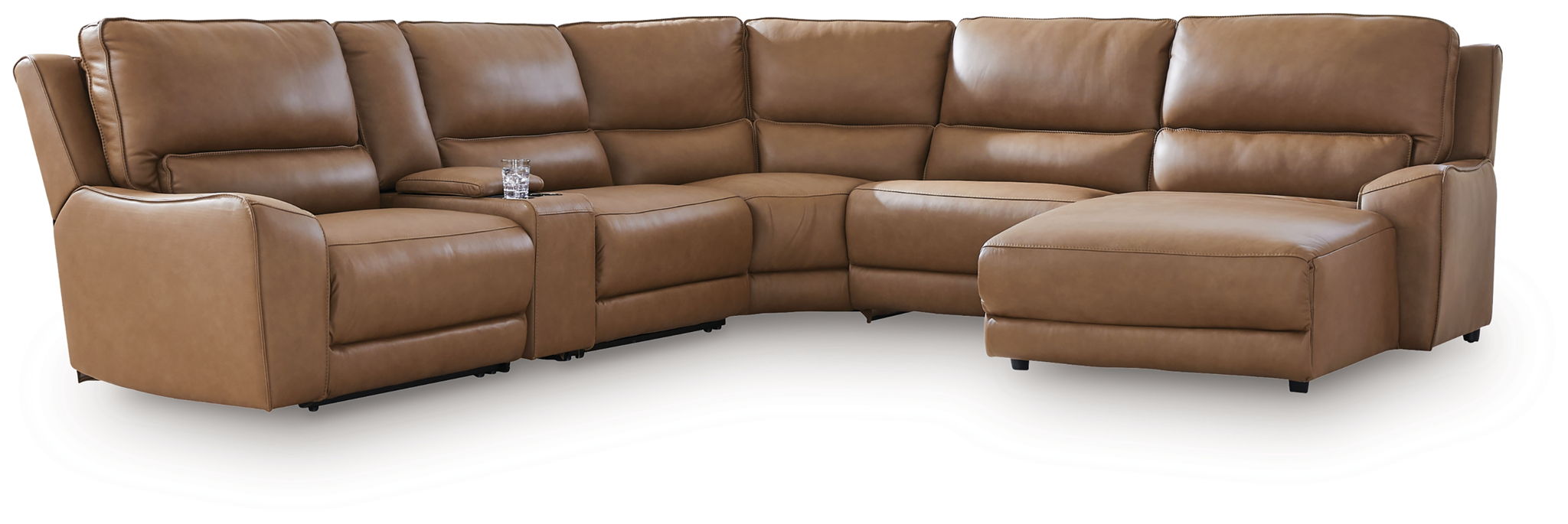Power reclining sectional sofa with extended chaise seats in brown leather