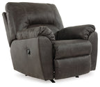 Pewter rocker recliner chair with recline mechanism and front control panel.