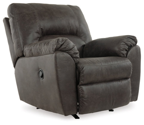 Pewter rocker recliner chair with recline mechanism and front control panel.