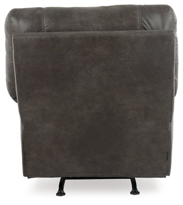 Upholstered rocker recliner chair in pewter gray, squared back and padded arms.
