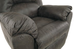 Pewter rocker recliner chair arm and seat cushion with visible stitching.