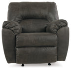 Pewter rocker recliner chair front view with rounded arms and seat cushions.