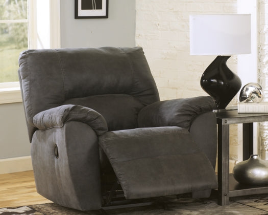 Pewter rocker recliner chair angled view with padded arms and head support.