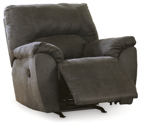 Upholstered rocker recliner chair in pewter gray, side view with recline footrest.