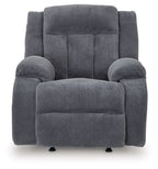 Fabric power rocker recliner with high back, dark steel-gray upholstery, wide seat
