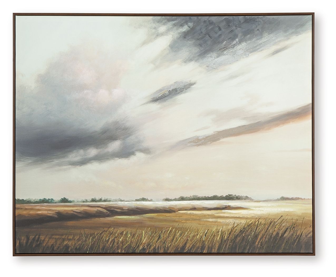 Framed landscape wall art with cloudy sky and golden fields