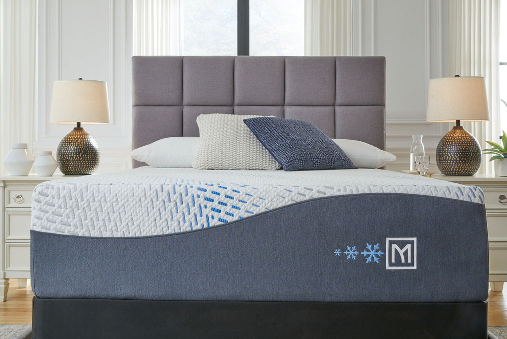 Hybrid gel latex mattress with white patterned top and blue base with emblem