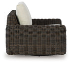 Wicker swivel glider lounge chair, dark brown woven frame with beige back cushion