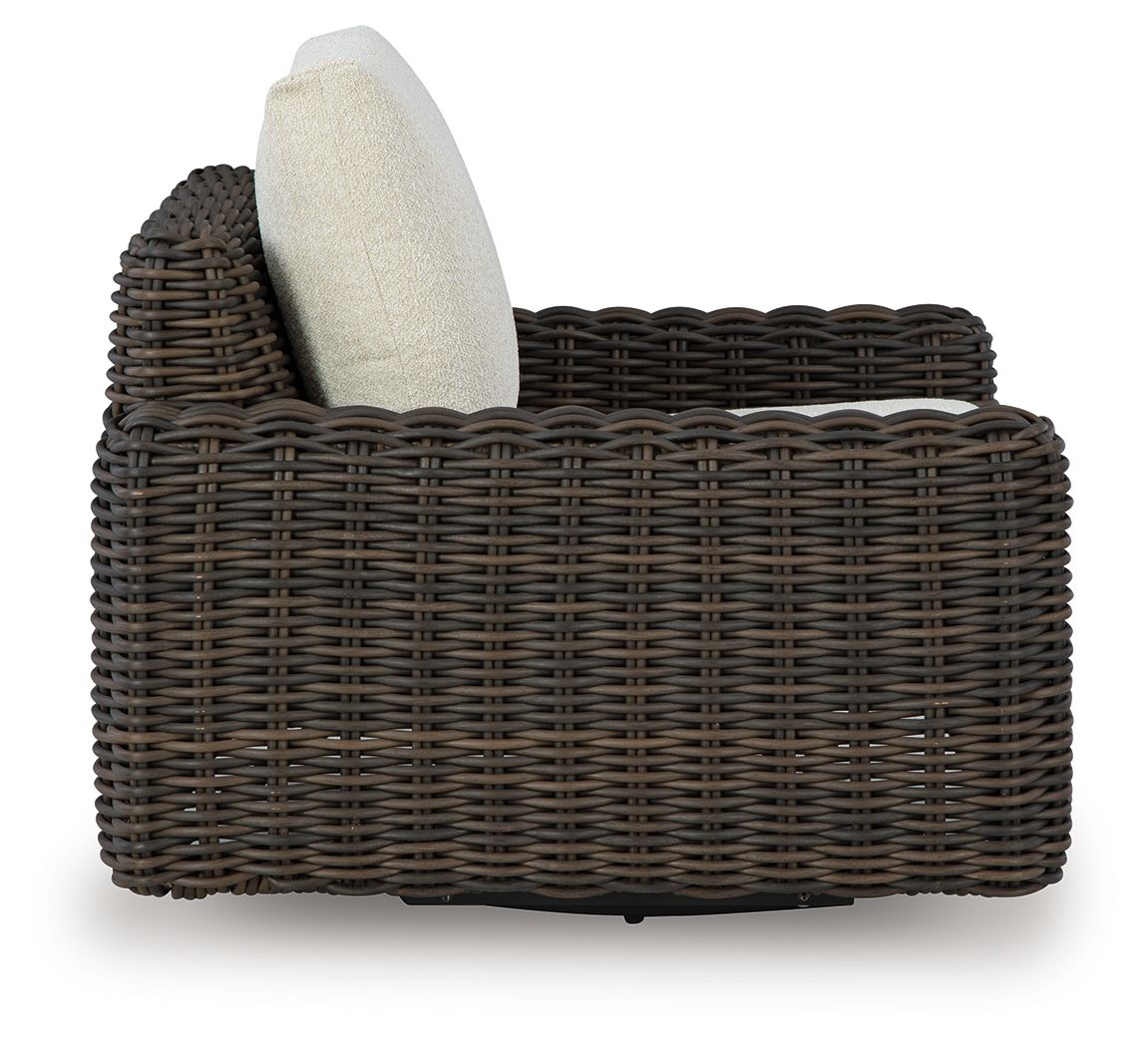 Wicker swivel glider lounge chair, dark brown woven frame with beige back cushion