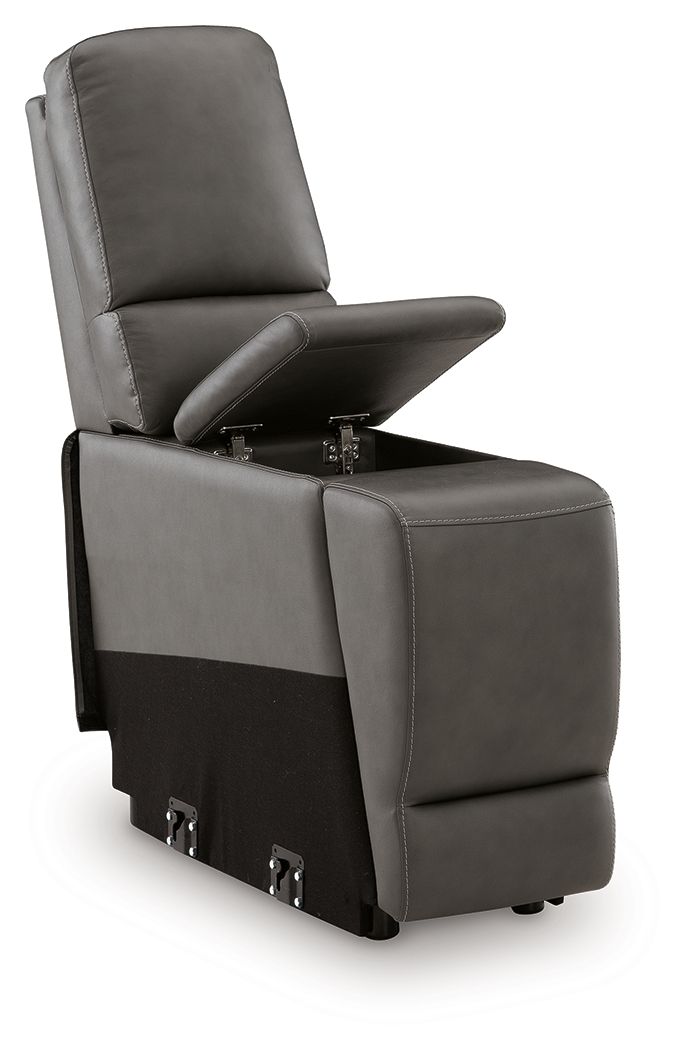 Gray upholstered recliner chair with open storage lid and pull handle
