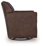 Dark brown swivel glider accent chair viewed from the side, showing rounded arms.