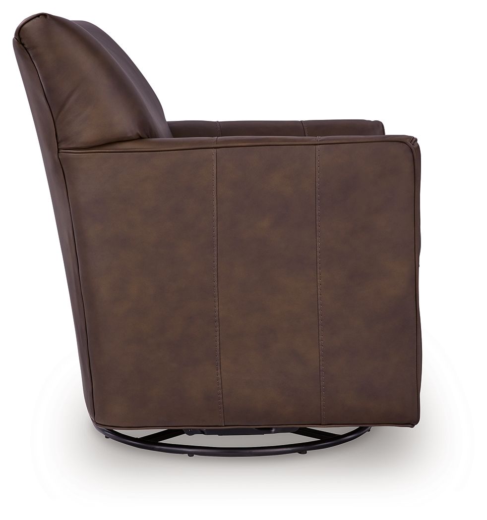 Dark brown swivel glider accent chair viewed from the side, showing rounded arms.