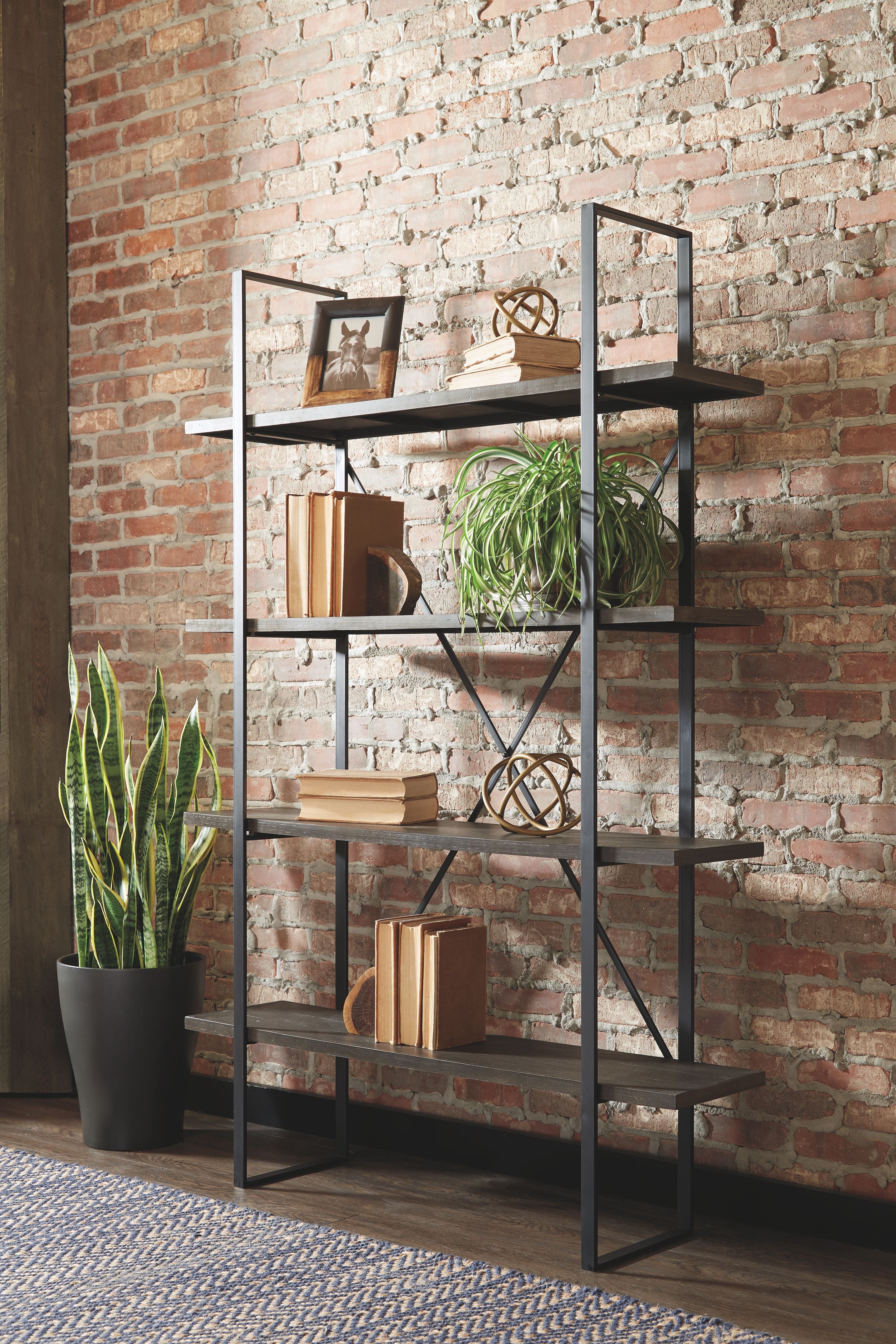 Black and gray bookcase with four open shelves and angled metal side frames