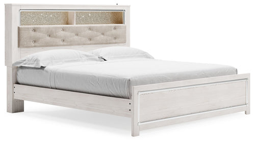 White king bookcase panel bed with upholstered headboard and side storage shelves