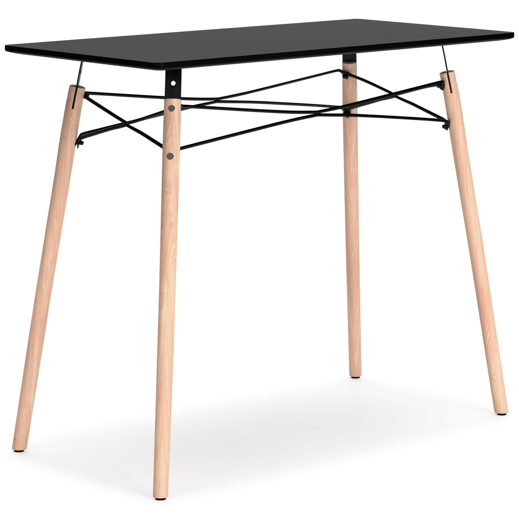 Jaspeni home office desk with black tabletop, light wood legs, and black cross-braced frame