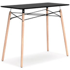 Jaspeni home office desk with black tabletop, light wood legs, and black cross-braced frame