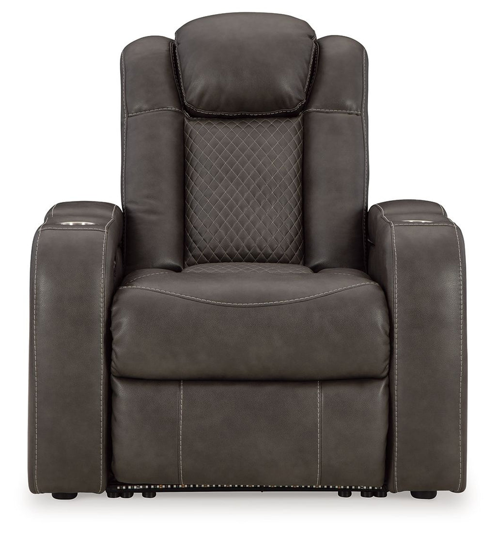 Power recliner with quilted back and adjustable headrest, dark gray upholstery