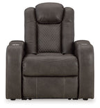 Power recliner with quilted back and adjustable headrest, dark gray upholstery