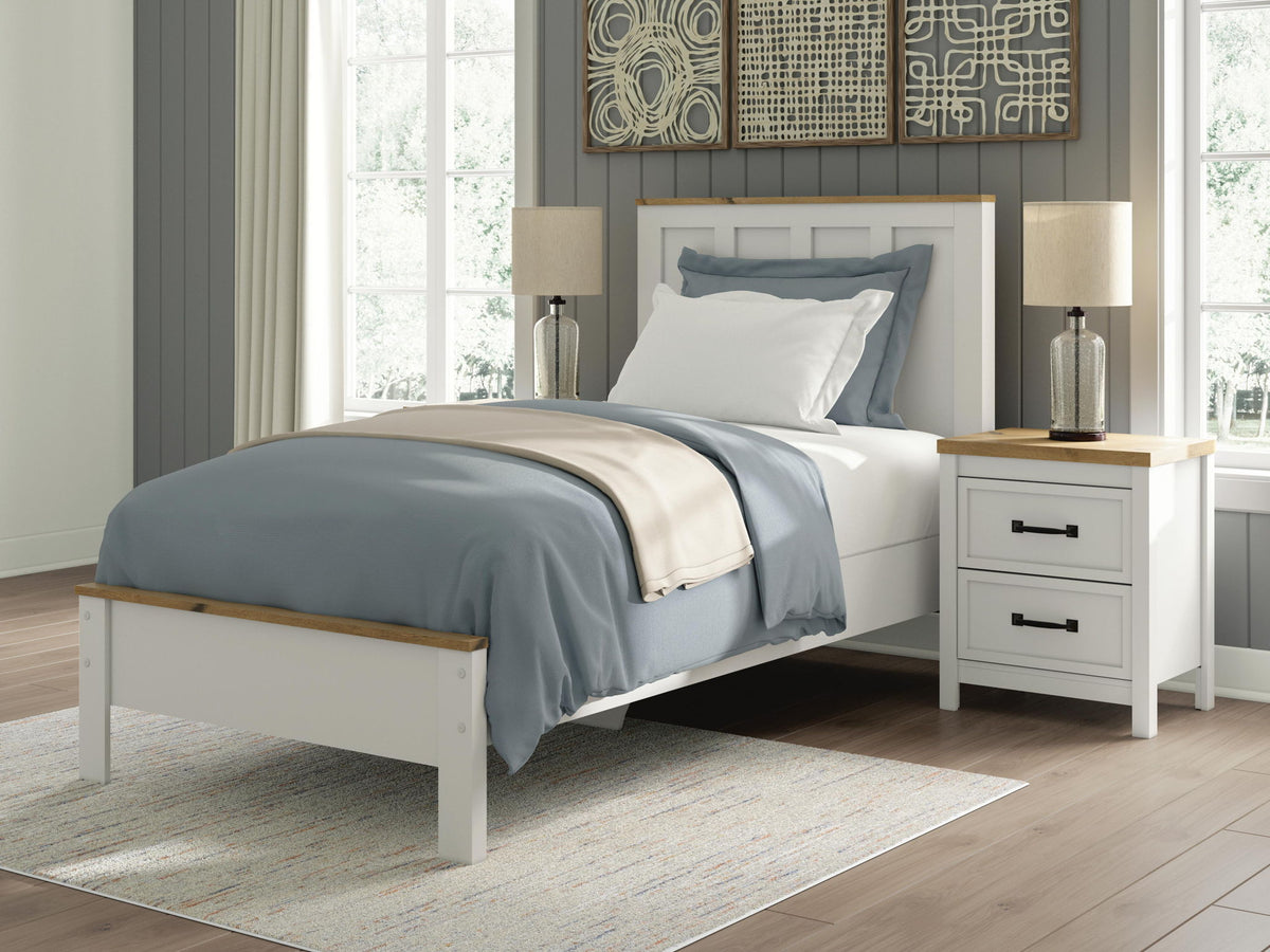 White panel bed frame with wooden accent rails and slatted headboard