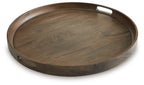 Gray-brown wooden round tray with raised rim and built-in handle cutouts