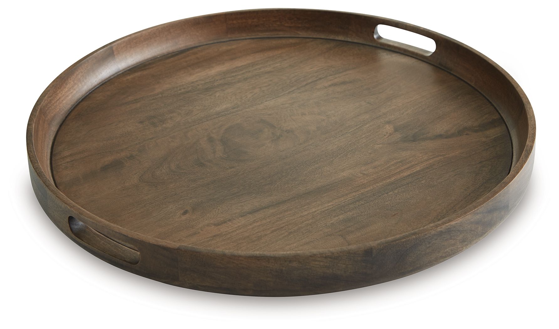 Gray-brown wooden round tray with raised rim and built-in handle cutouts