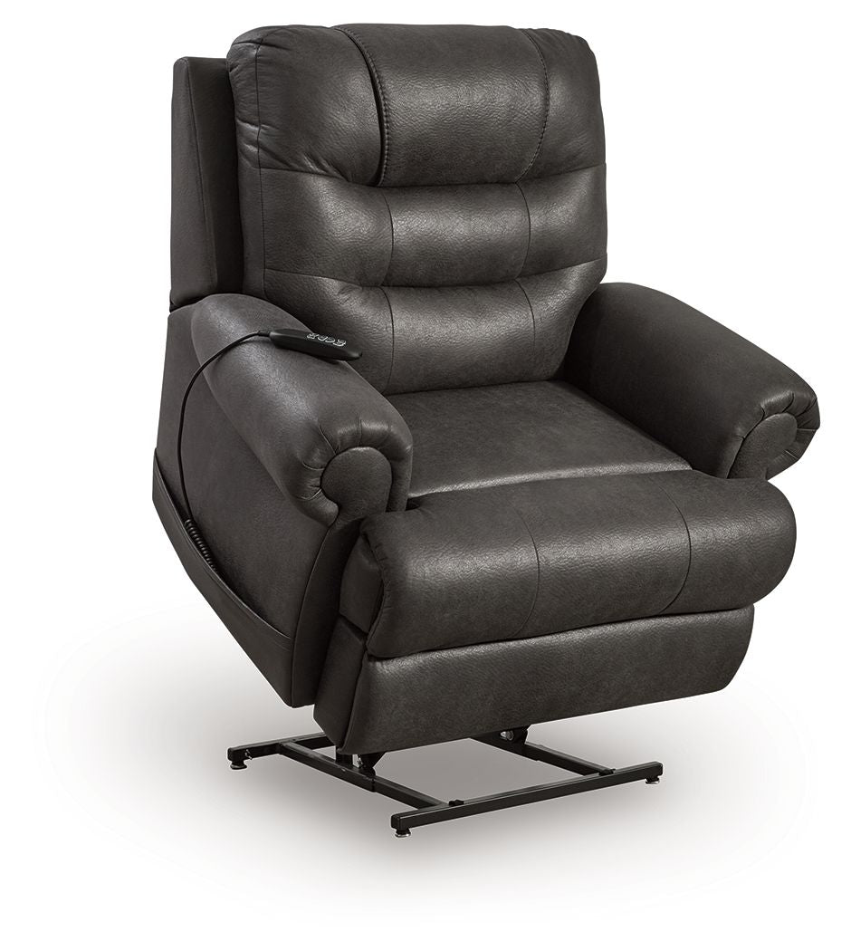 Dark gray leather-look power lift recliner with lift base and padded arm support