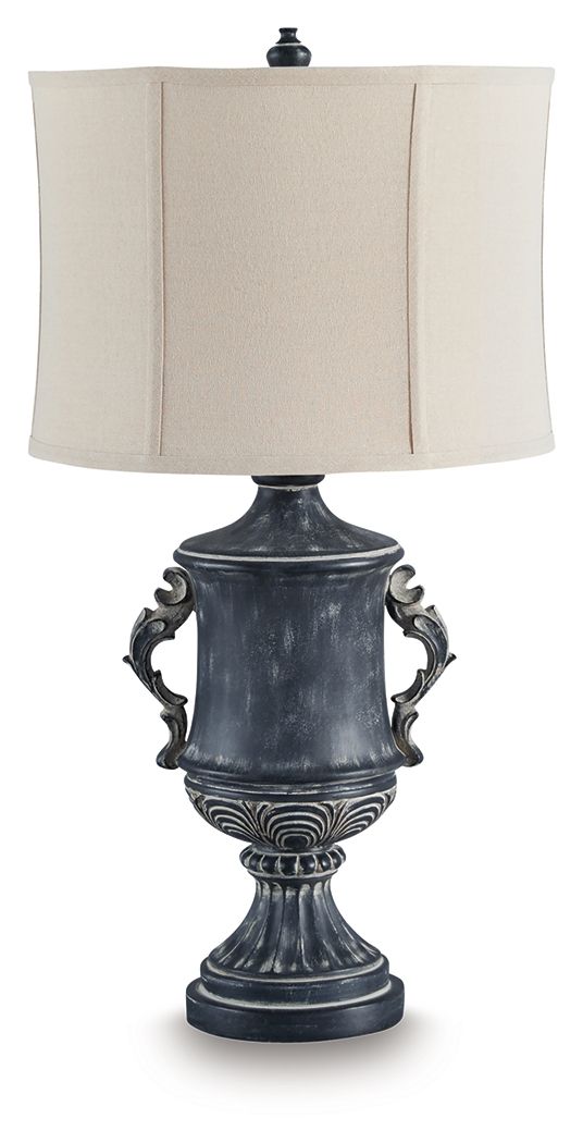 Antique black poly table lamp with cream fabric drum shade and ornate base