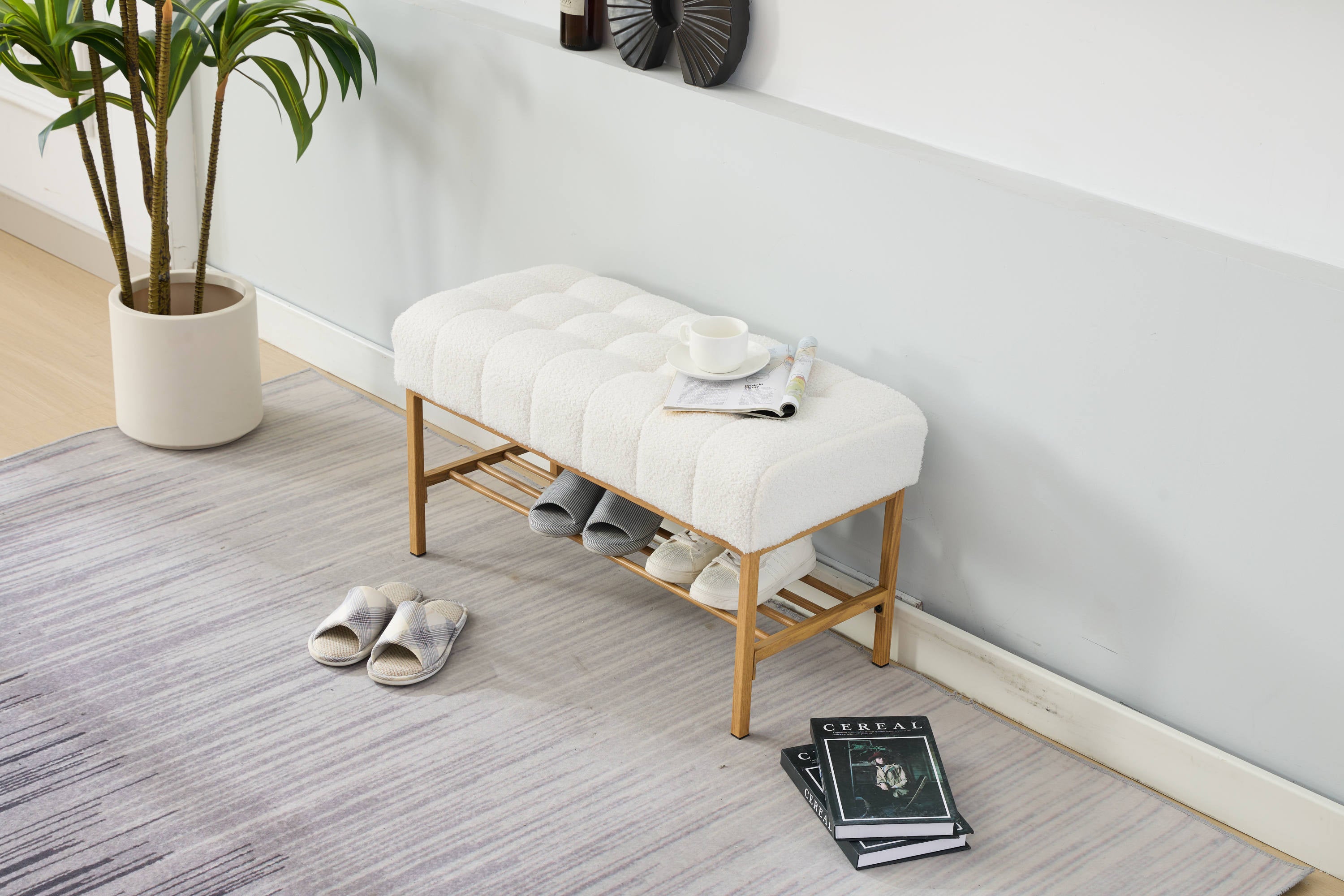 Upholstered Storage Bench with Shelf - Linen White