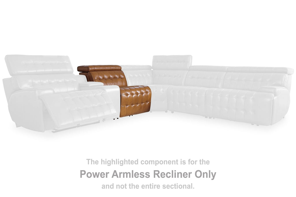 Brown leather power armless recliner section with padded seat and armrest