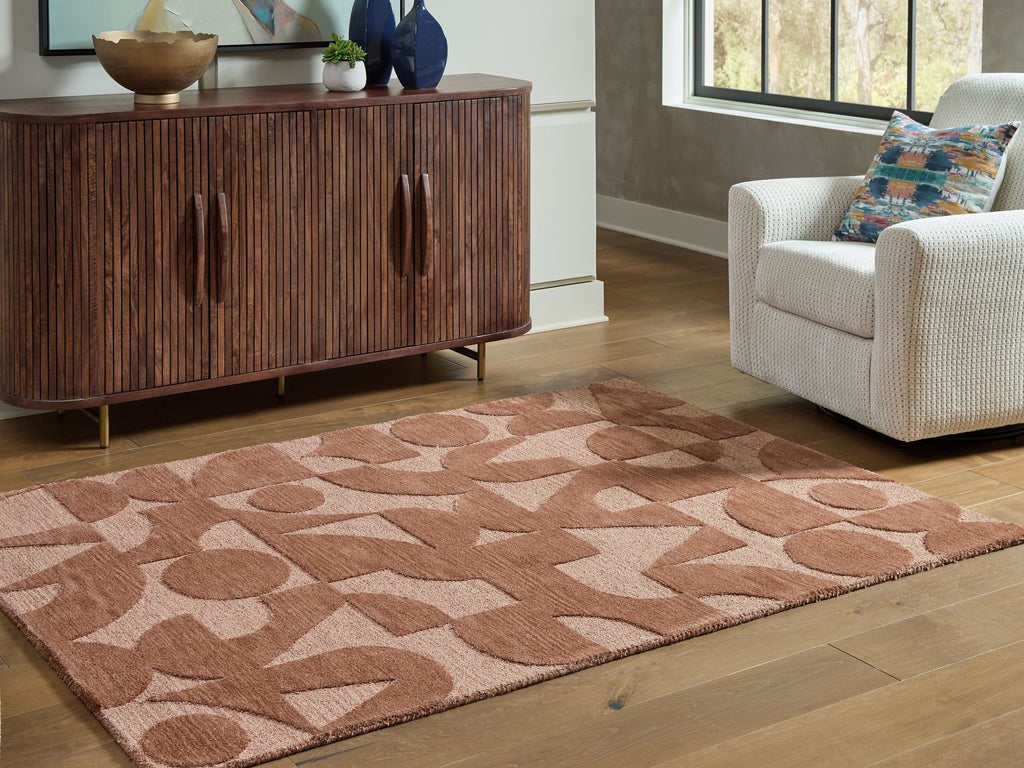 Perrenton area rug with abstract geometric motifs in dark brown and light beige