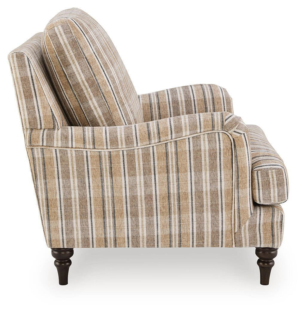 Beige striped accent chair with rolled arms and thick back cushion, dark wooden legs