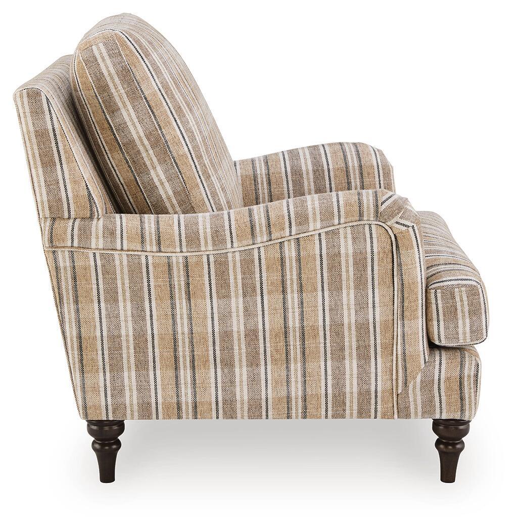Beige striped accent chair with rolled arms and thick back cushion, dark wooden legs