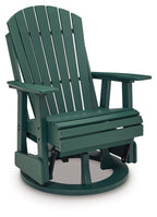 Green swivel glider chair showing slatted back and padded seat