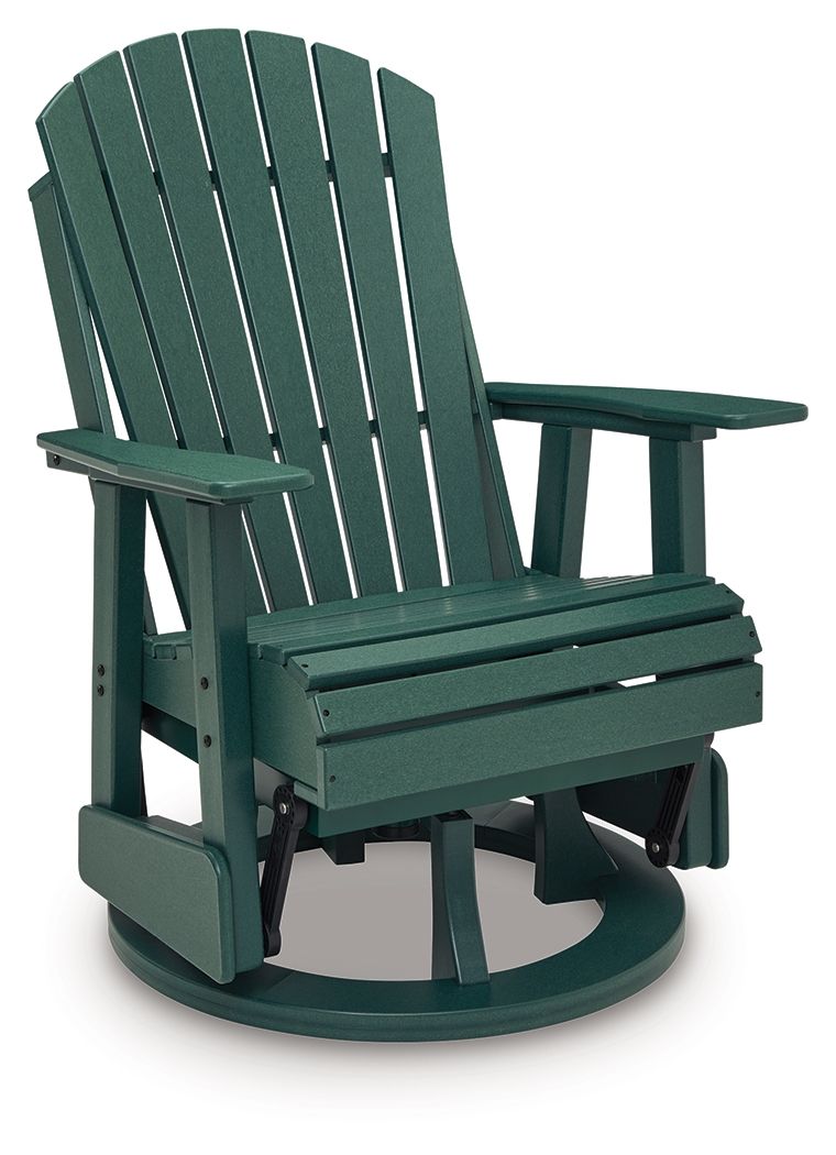 Green swivel glider chair showing slatted back and padded seat