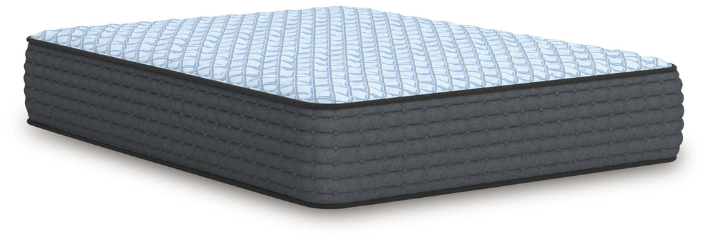 Blue firm mattress with quilted top and dark gray base, angled side view