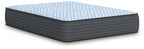 Blue firm mattress with quilted top and dark gray base, angled side view