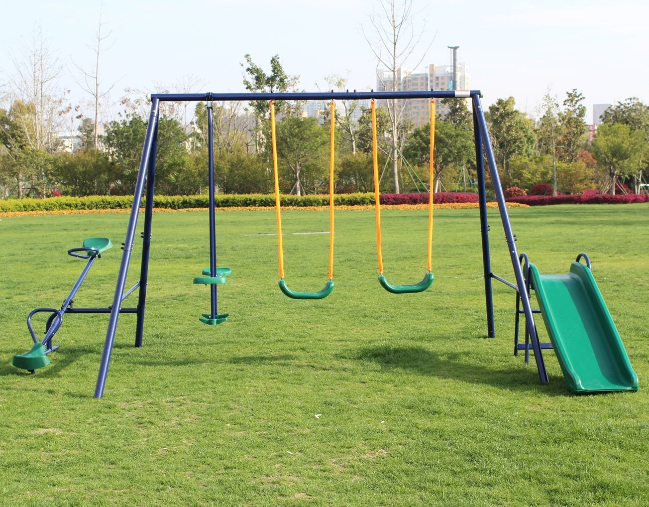 Metal Swing Set with Slide: Blue and Green Finish - Outdoor Playground Equipment