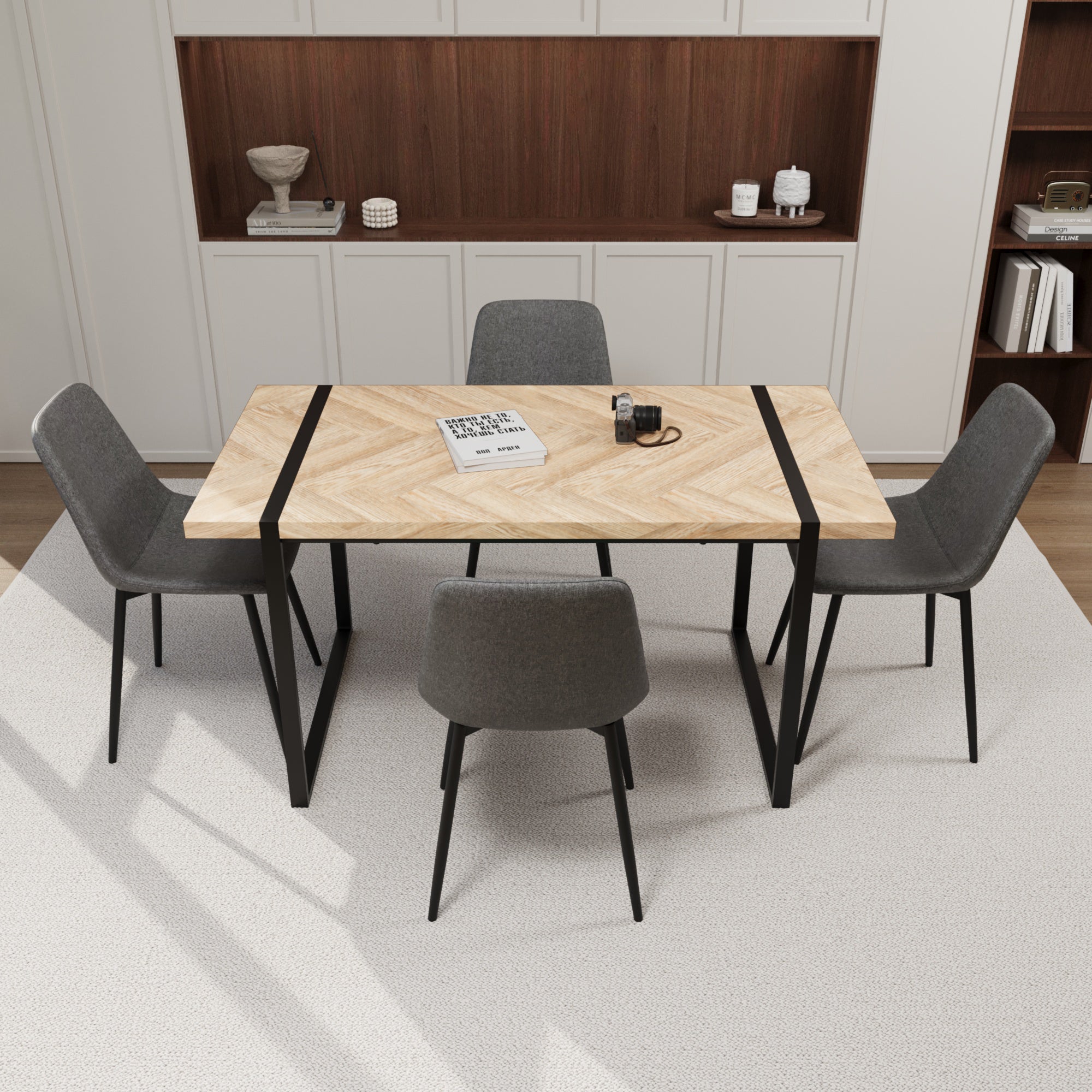 59" Modern Dining Table & 4 Chairs Set - Light Wood