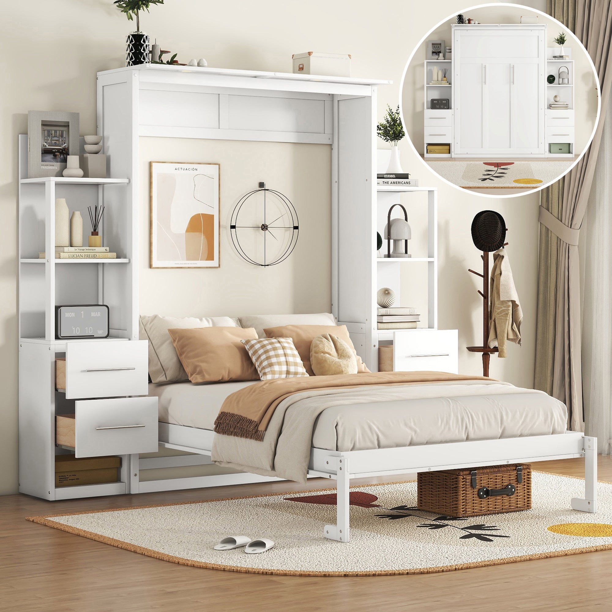Full Size White Murphy Bed with Shelves, Drawers, LED Lights