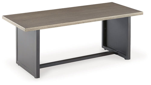 Bree Zee rectangular end table with brown wood-look top and dark gray base