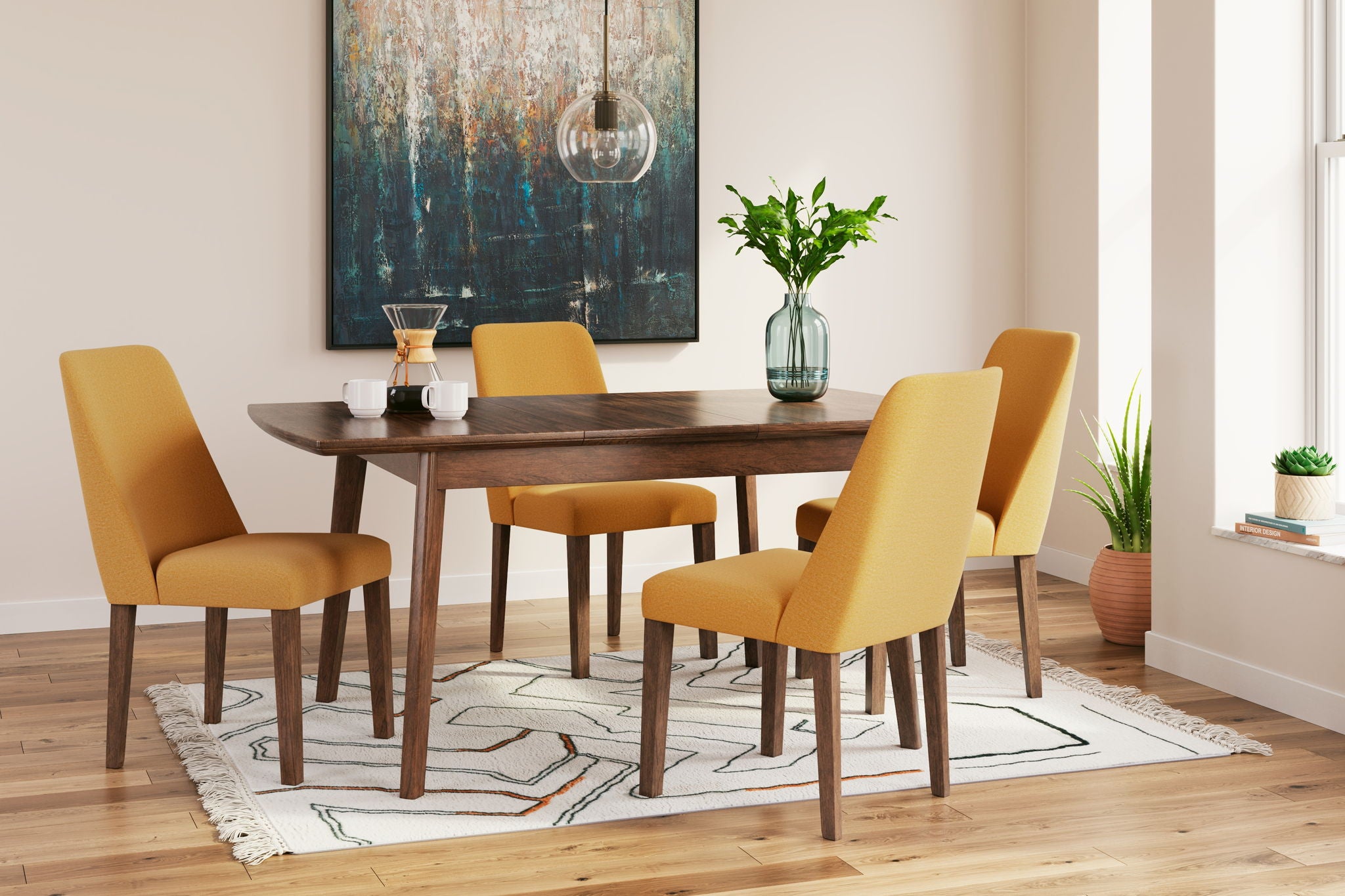 Dining table set with dark wood table and mustard yellow upholstered chairs