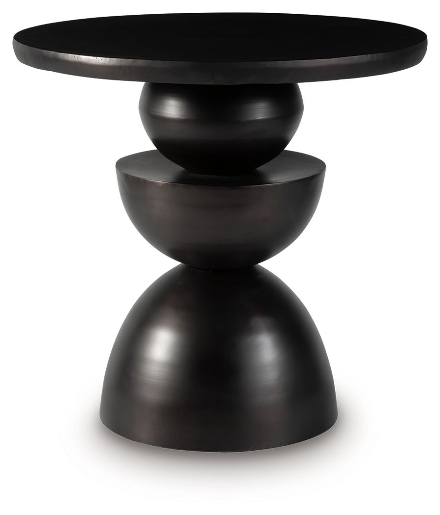 Round bronze accent table with stacked hourglass base and dark metal finish