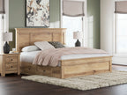Light brown panel storage bed with paneled headboard and side drawers beneath the rail.